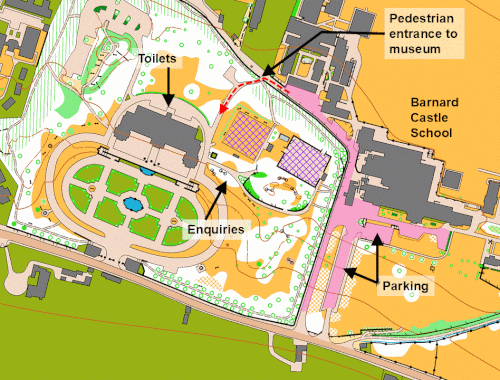 Diagram showing the locations of parking, toilets and enquiries.