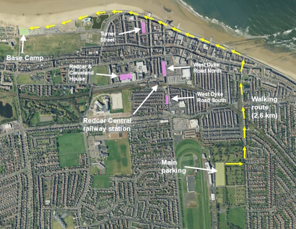 Map showing the walking route from Redcar Racecourse to 
the Base Camp in the Majuba car park.