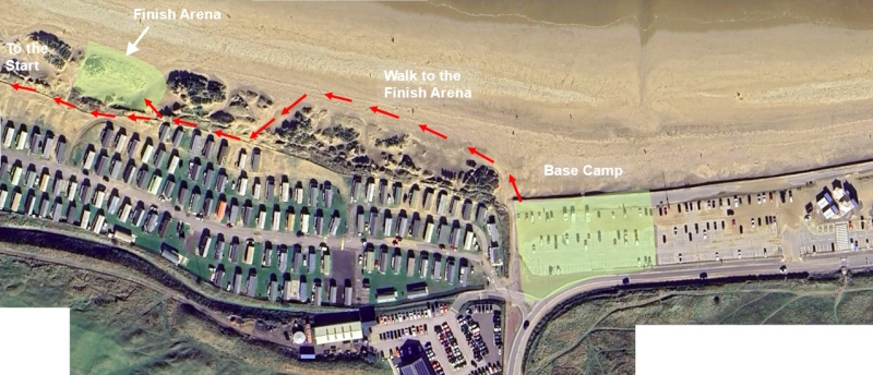 Map showing the route from the Base Camp to the Finish Arena.