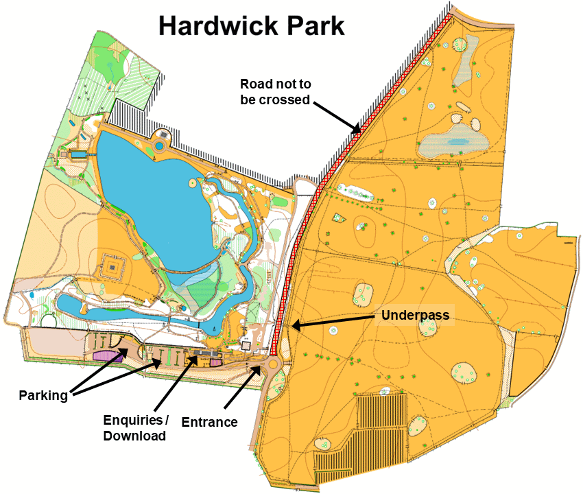 Map showing the parking area, Enquiries and the underpass 
under the main road.